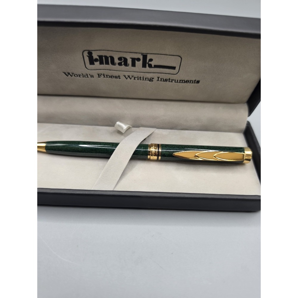 i-Mark Green Marbled Ballpoint Pen Gold Tone Trim Original Presentation Case - Picture 2 of 9